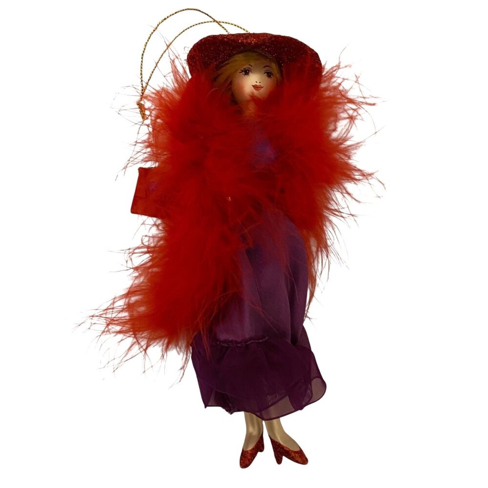 Vtg Red Hat Lady‎ Ornament Blown Glass Doll Feather Boa Glitter Shoes Christmas